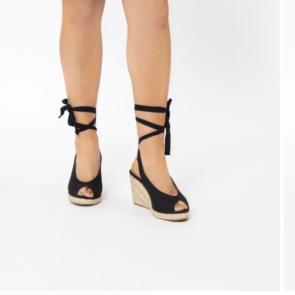 NWOT JUSTFAB BLCK LACE UP ESPADRILLE WEDGE HEELS OPEN TOE SIZE 9.5 - Picture 2 of 9
